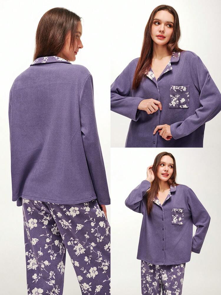 Ensemble de pyjama à manches longues imprimé doux et chaud pour femme, violet, ensemble 2 pièces