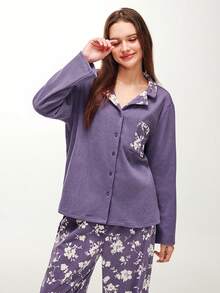 LUVLETTE Winter Basics Soft And Warm Women's Printed Long Sleeve Pajama Set Lounge Purple 2 Piece Set