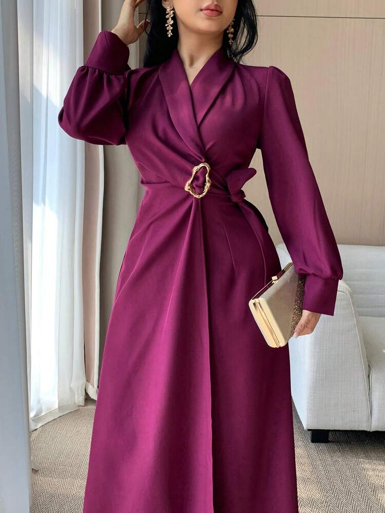 Women's Elegant Solid Color Puff Sleeve Tie Waist Mid-Length Dress, Autumn Maxi Dress