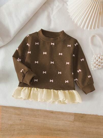 SHEIN Vintaside Kids 女婴时尚秋季蝴蝶印花镂空刺绣荷叶边下摆卫衣