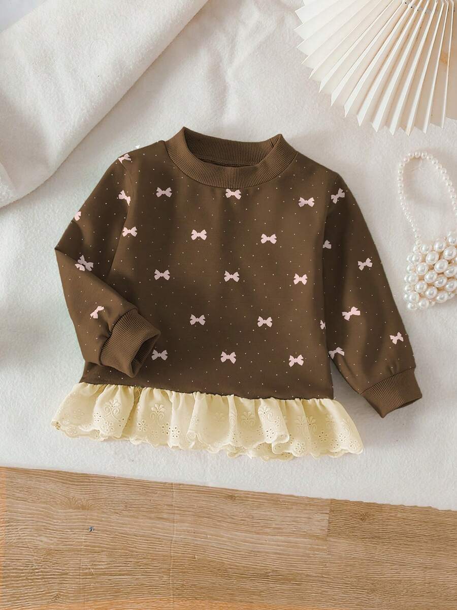 SHEIN Vintaside Kids 女婴时尚秋季蝴蝶印花镂空刺绣荷叶边下摆卫衣 - 酒紅色 - 查看 1