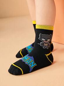 BATMAN X SHEIN 3 双男童棉质柔软透气吸湿排汗儿童中筒袜彩色可爱卡通中筒袜加固脚趾和脚跟，经久耐用，四季百搭，适合学校和户外，夏季冬季