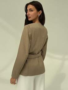 Aloruh Women's Solid Color Deep V-Neck Long Sleeve Pleated Waist Casual Blazer - Apricot - View 3