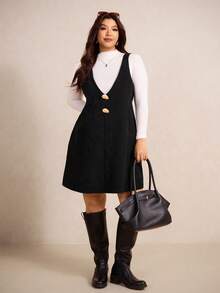 Elaquor Plus Size Women Metal Decor Elegant Suspender Dress, Autumn/Winter - Black - View 5