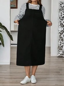 SHEIN CURVE+ Plus Size Solid Color Women Sleeveless Loose Casual Versatile Denim Dress,Christmas,Halloween,Stylish Commuter,Casual For Autumn/Winter,Casual Minimalist Basic , Suitable For Autumn/Winter , Suitable For Vacation, Party, Date, Gathering,Casual Versatile Suitable For Christmas, Halloween, Back To School, Vacation, Office Wear