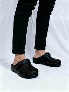 Zuecos masculinos de EVA transpirable, punta redonda sin cordones, suela plana, estilo casual para playa y hogar - Negro - Ver 3