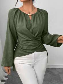 Elenzga Women's Beaded Wrap-Style Cinched Waist Shirt, Autumn/Winter - Army Green - View 6