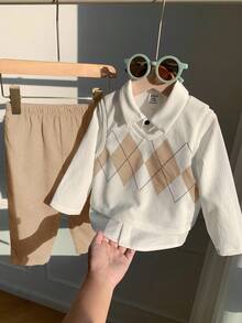 SHEIN 3 件套男婴休闲菱形背心、白衬衫、蓝色休闲裤套装，适合生日派对、晚会、表演、婚礼、迎婴派对、洗礼、1 岁生日庆祝 - 卡其色 - 查看 8