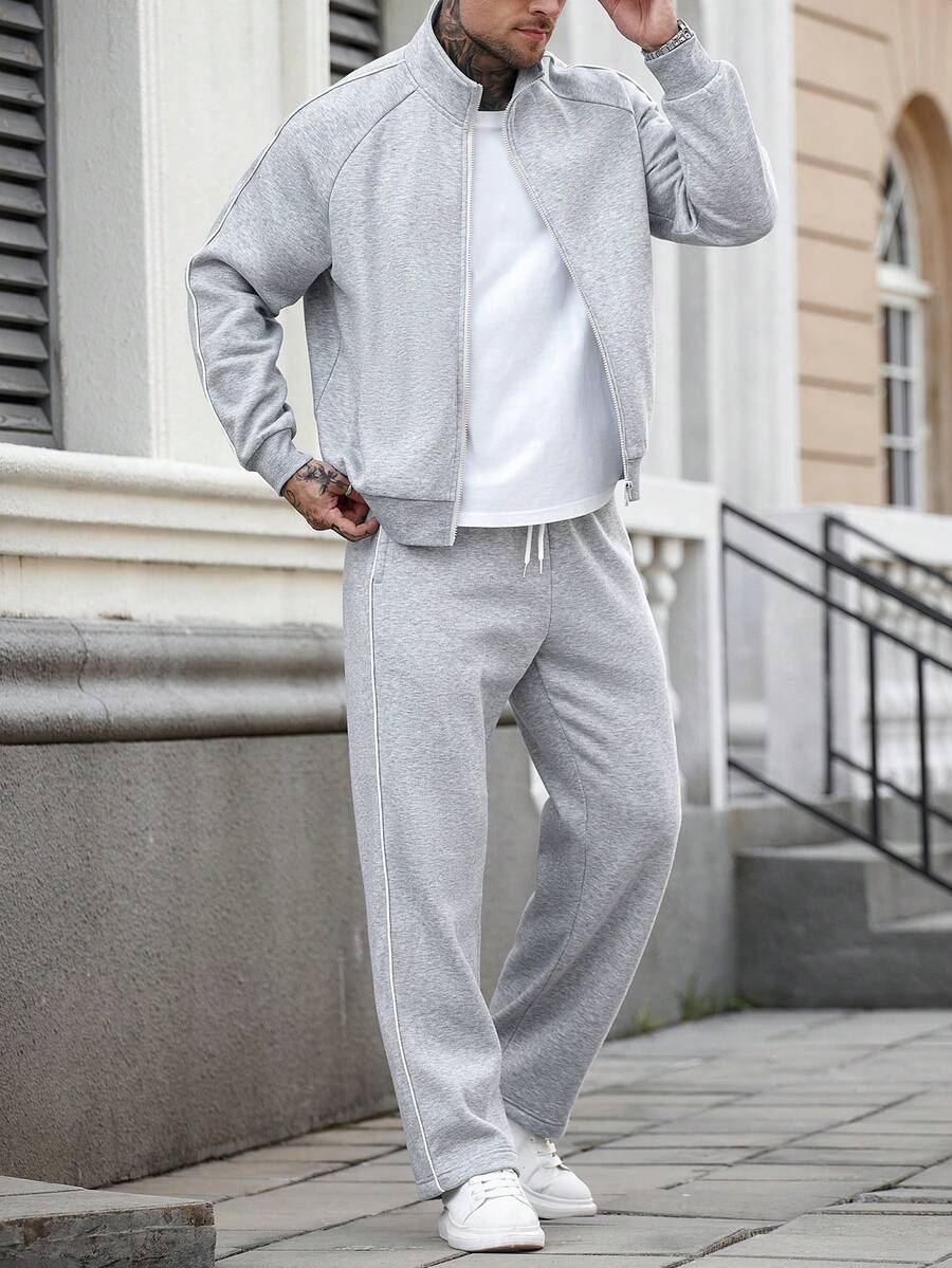Manfinity Homme Men's Solid Color Raglan Sleeve Zip Front Jacket And Pants Casual Suit, Autumn Men Grey And White Set Men Co Ord Set Men 2 Pieces Set Street Men Joggers Suit - Light Grey - View 1