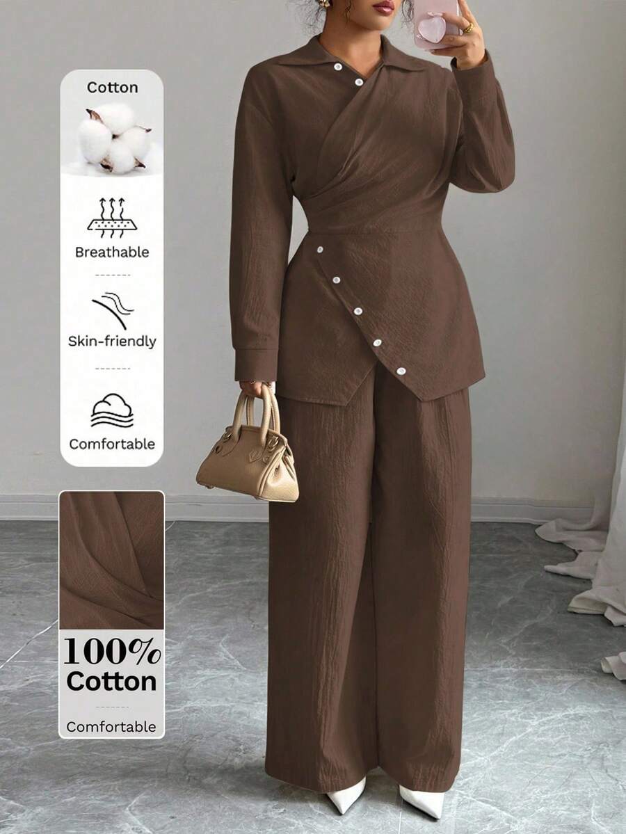 Modelyn 加大码梭织染色棉质长袖裹身上衣和直筒裤两件套服装,适合秋冬季 - 棕色 - 查看 1
