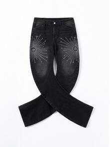 ROMWE MEN Street Life Men's Heavy Weight Layered Curve Sparkling Diamond Washed Denim Jeans - Black - View 2