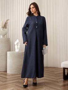 Al Najma Women's Striped Long Sleeve Casual Everyday Arabic Style Dress, Autumn - Blue - View 3