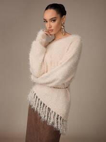 Modelyn Women's Off Shoulder Tassel Knit Sweater Top - Apricot - View 3