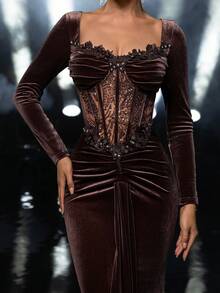 Glamrae Đầm dạ hội dài tay xếp ly bằng nhung co giãn, sang trọng, đính cườm, sequin và ren, thích hợp cho đám cưới, tiệc tùng, kỳ nghỉ, dạ hội, dạ tiệc buổi tối (đính kết cầu kỳ), ngày Valentine. - Cà phê nâu - Xem 4