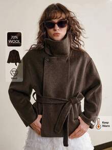 Ontre 2026春夏女士羊毛混纺大衣，优雅别致，适合派对、生日、办公、通勤、日常穿着、约会、下午茶等场合，纯驼色，保暖舒适，时尚翻领羊毛混纺外套，春夏必备单品 - 咖啡棕 - 查看 1