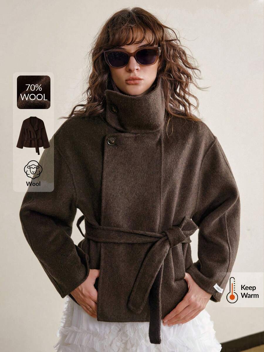 Ontre 2026春夏女士羊毛混纺大衣，优雅别致，适合派对、生日、办公、通勤、日常穿着、约会、下午茶等场合，纯驼色，保暖舒适，时尚翻领羊毛混纺外套，春夏必备单品 - 咖啡棕 - 查看 1