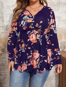 EMERY ROSE Camiseta casual de manga larga con cuello en V y estampado floral para mujer de talla grande, para otoño