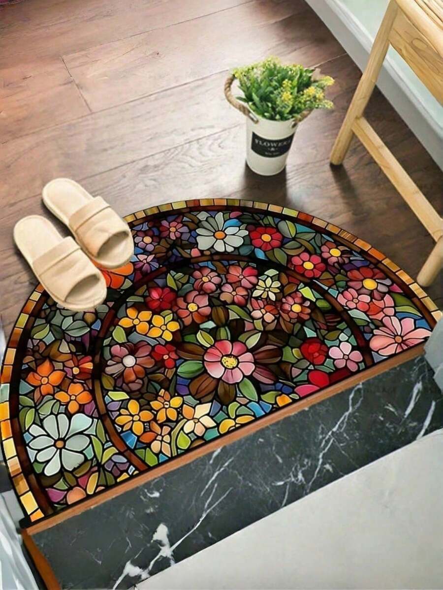 SHEIN 1pc Vibrant Floral Welcome Mat - Colorful Glass Style, Washable Polyester, Semi-Circle, Perfect For Entryway, Bedroom, Living Room, Laundry Room And Patio Decor, Home Decorative Rug,  And Perfect Gift, Entrance Mat | Vibrant Welcome Mat | Washable Mat