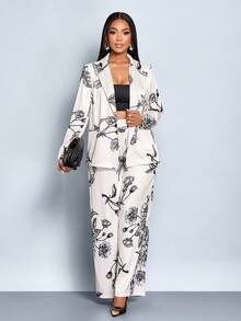SOLERSUN Women's Elegant Floral Print Single-Button Blazer And Pants Suit Set, Autumn - Apricot - View 7