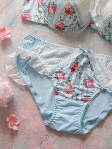 2pcs Floral Cute Satin Underwire Push-Up Balconette Bra Set, Padded, Strapless, Ruffle Trim, Mesh Insert, Comfortable, Romantic Countryside Style Women's Lingerie Set - Blue - View 5