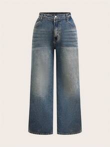 SHEIN PETITE CURVE 大码女式复古蓝色宽松直筒牛仔裤 - 深色水洗藍 - 查看 1