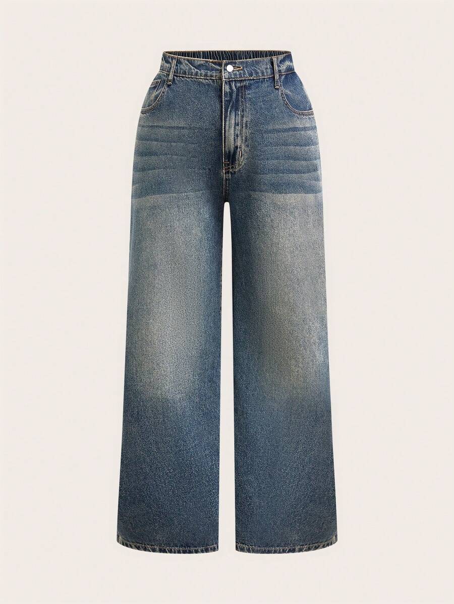 SHEIN PETITE CURVE 大码女式复古蓝色宽松直筒牛仔裤 - 深色水洗藍 - 查看 1