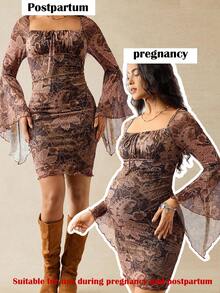 Boho Mama Vintage Floral Print Flare Sleeve Maternity Dress, Elegant For Autumn Pregnancy Photoshoot Dress Pregnant Dress Boho Maternity Dress Earth Tone Dress Sheer Dress Women  Brown  Beach Dress