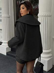 Easura 大码女式纯色翻领长袖单排扣休闲外套，秋冬款 - 黑色 - 查看 2
