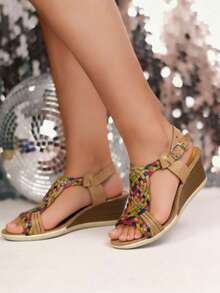 Sandalia femenina de cuña – estilo vintage, trenzado artesanal y confort para primavera/verano - Marrón - Ver 2