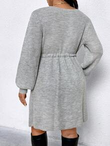 EMERY ROSE 大码女式V领长袖优雅束带毛衣裙 - 灰色 - 查看 2