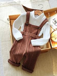 Vintaside Kids 2pcs/Set Baby Girl Brown And White Winter Modest Family Matching Ribbed Turtleneck Top & Retro Suspender Jumpsuit,Back To School Outfit,Stylish Dress - Multicolor - View 1