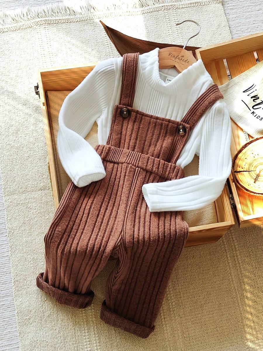 Vintaside Kids 2pcs/Set Baby Girl Brown And White Winter Modest Family Matching Ribbed Turtleneck Top & Retro Suspender Jumpsuit,Back To School Outfit,Stylish Dress - Multicolor - View 1
