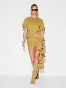 KIZN Mustard Cut-Out Mini Dress With Twisted Drape Detail And Short Sleeves - Army Green - View 4