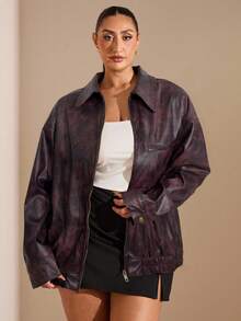 SHEIN BAE 大码女式秋季PU皮革长袖拉链宽松休闲夹克 - 酒紅色 - 查看 7