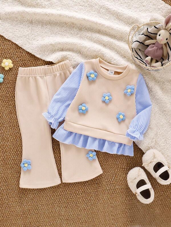 SHEIN 2 Stücke Baby Mädchen süßer blauer Blumen Dekor bequemer gestreifter Langarm-Top & blaue lässige Schlaghose Set