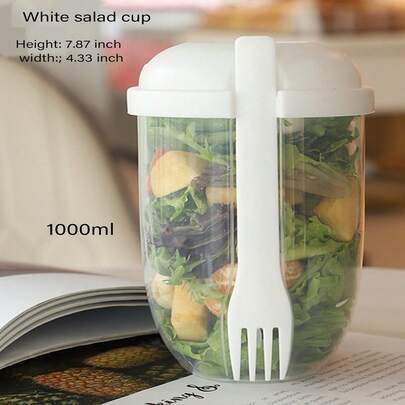 1pc 1000ml Large Capacity Portable Salad Cup With Fork, Dressing Container For Outdoor Eating, Lunch, Office, Student With Weight Loss Functions.