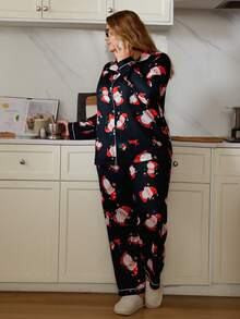 SHEIN Set pijamale cu cardigan și pantaloni cu guler răsturnat, mărime mare, Crăciun - Negru - Vizualizare 4