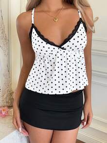 CovetEZ Camisetas de tirantes para el hogar de otoño e invierno para mujer, tops de primavera y verano, tops de camiseta con contraste de encaje a lunares en blanco y negro Pocardi, tops navideños, tops a lunares Pocardi, tops dulces Pocardi, top de camiseta Pocardi en blanco y negro con parche de encaje