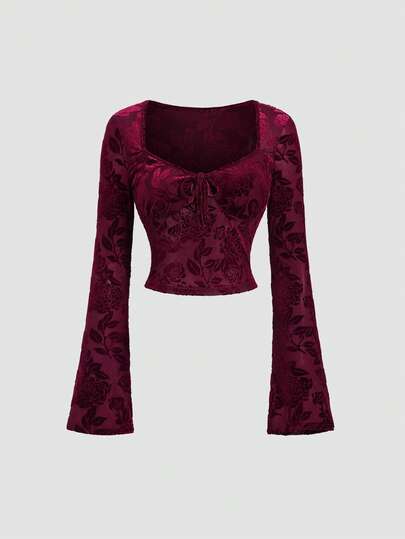 Sweetra Elegant Italian Style Dark Rose Party V-Neck Flared Sleeve Cinched Waist Slimming Christmas Wine Red Versatile Women T-Shirt