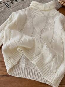 SHEIN LMoss Kids LMoss Cute And Versatile Milk White Simple High Neck Long Sleeve Sweater For Baby Girls, Autumn/Winter - Apricot - View 4