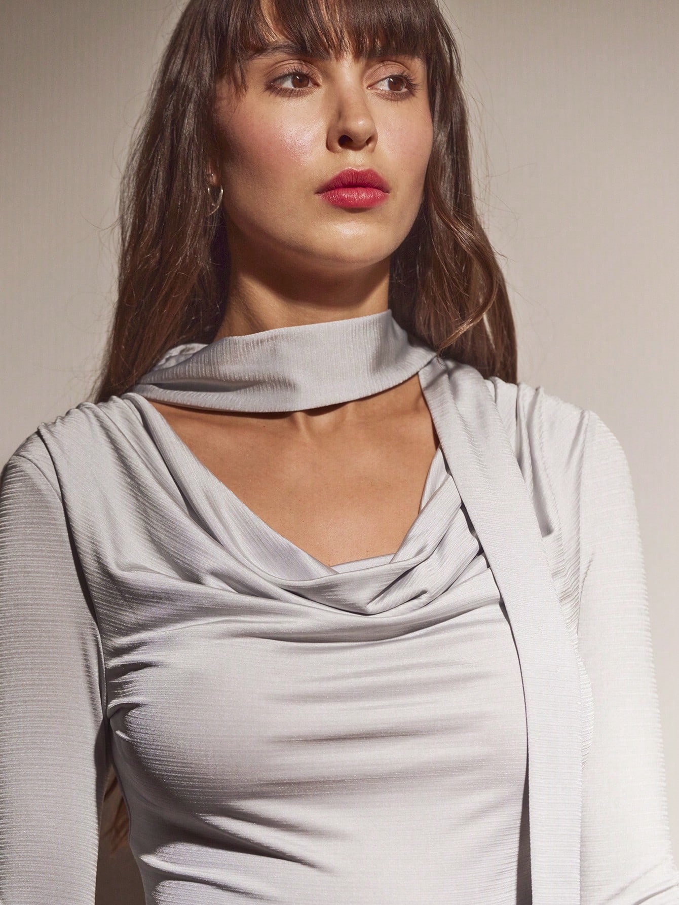 Silver Cowl Neck Long Sleeve Top With Neck Tie Detail Chic Vintage Party Style Autumn Winter