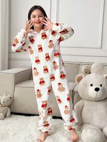 SHEIN Tween Girls' Loose Casual Comfortable Plush Cartoon Pattern Jumpsuit, Autumn/Winter - Multicolor - View 3