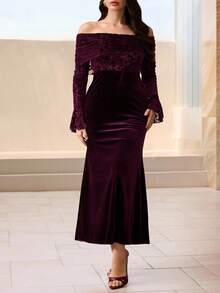 Modelyn Plus Size Women Elegant Velvet Patchwork Off Shoulder Mermaid Hem Flare Sleeve Long Dress, Suitable For Party, Autumn/Winter - Red - View 7