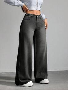 SHEIN Tall CURVE 加大码女式浅蓝色宽松牛仔裤夏季度假女士俱乐部办公室女士乡村音乐会狂欢巡航女式垃圾摇滚高腰牛仔裤 - 黑色 - 查看 6