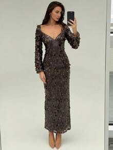 Aloruh Women's Christmas & Halloween Heart Neck Sequin Maxi Dress, Party Wear,Party Dresses For Women