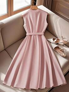 Franclia Đầm midi hở eo đính nút ngọc trai thanh lịch giản dị, viền bèo nhún phía trước, mùa hè mới, màu mơ - Bụi hồng - Xem 2