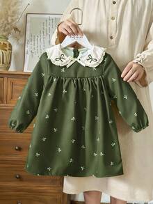 Vintaside Kids 年轻女孩优雅可爱彼得潘领蕾丝拼布蝴蝶结刺绣花卉长袖连衣裙，适合学校、休闲、公园、校园风格、可爱风格、户外活动、返校 - 綠色 - 查看 3