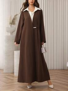 Al Najma 女式复古卡其色二合一衬衫领风衣，长款系带腰部修身及膝外套