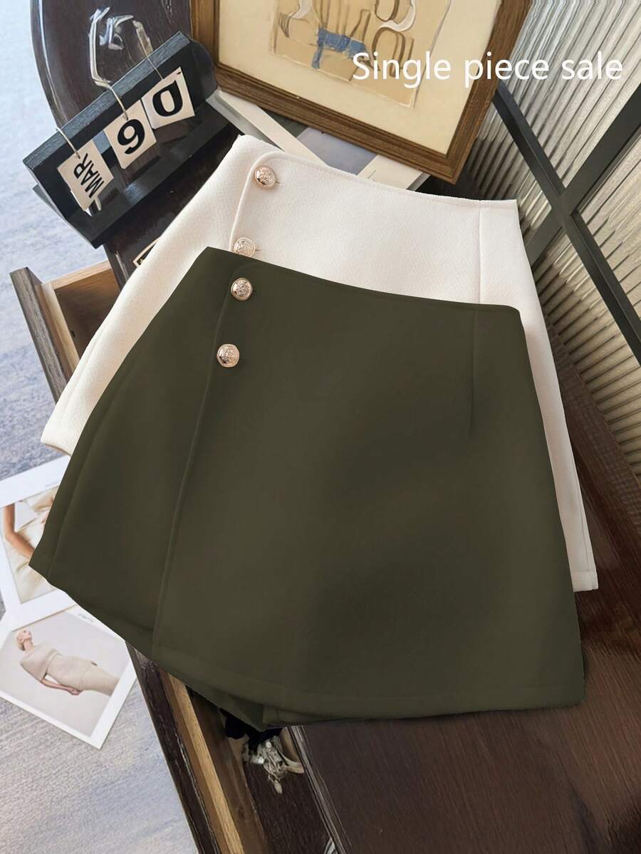 SHEIN Franclia 女士优雅纽扣设计短裙裤 - 軍綠色 - 查看 1
