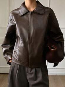 DAZY 女士休闲皮夹克，常规版型，秋季女式外套 - 咖啡棕 - 查看 5